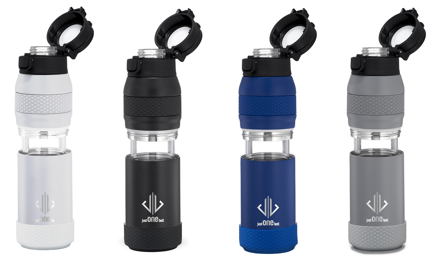 The pforever vessel in four finishes: glass core sealed inside an insulated shell